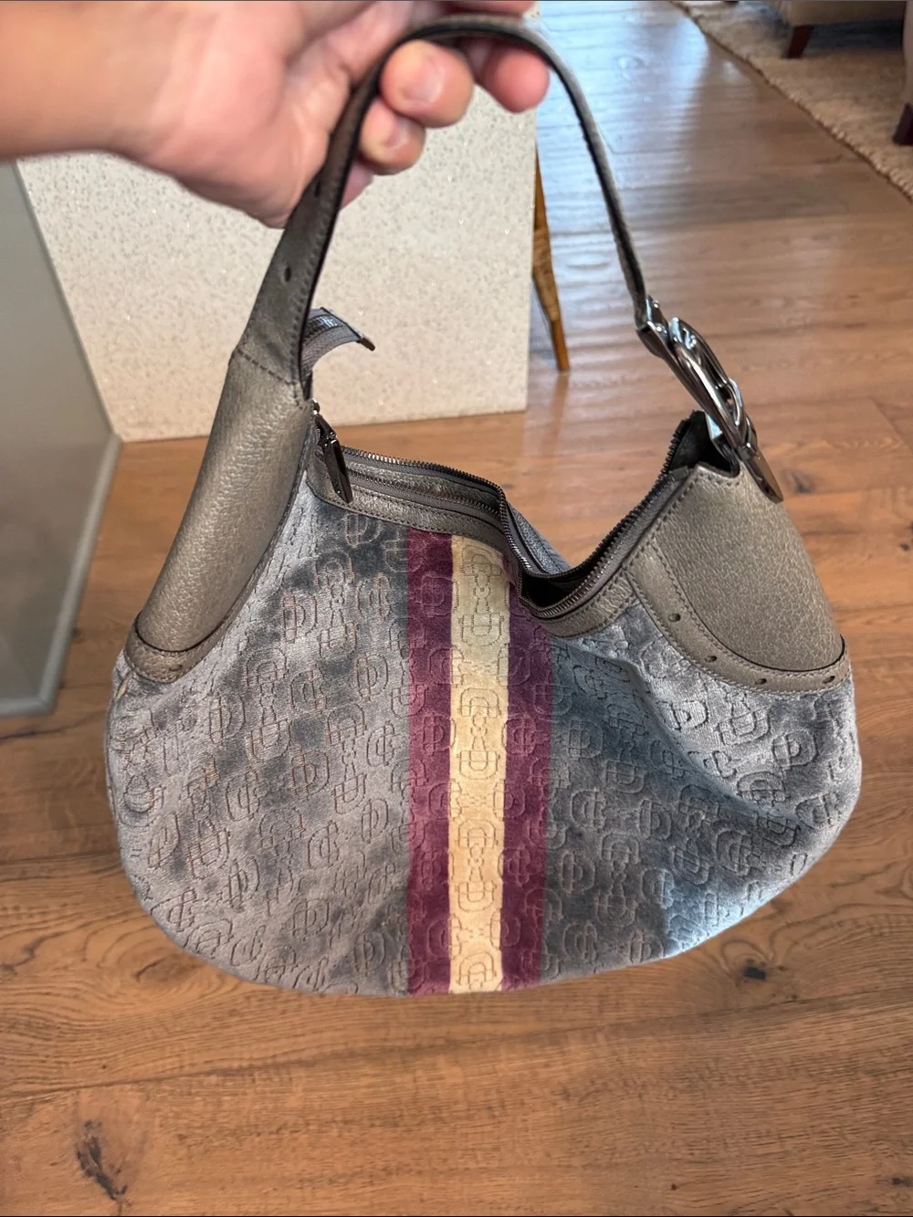 Gucci Gray Hobo Bag with Purple and Cream Center Stripe